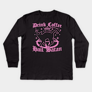 Drink Coffee Hail Satan - Black Cat - Pastel Goth Halloween Kids Long Sleeve T-Shirt